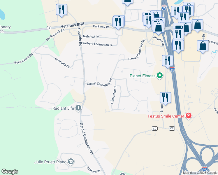 map of restaurants, bars, coffee shops, grocery stores, and more near 1936 Gamel Cemetery Road in Festus