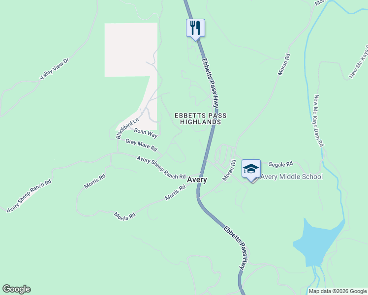 map of restaurants, bars, coffee shops, grocery stores, and more near 434 Bird Dog Circle in Avery