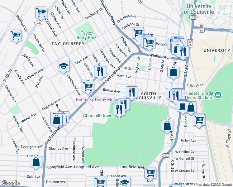 map of restaurants, bars, coffee shops, grocery stores, and more near 740 Burton Avenue in Louisville