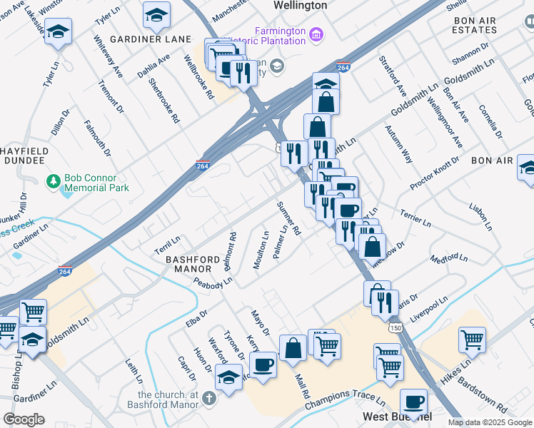 map of restaurants, bars, coffee shops, grocery stores, and more near 2139 Peabody Ln in Louisville