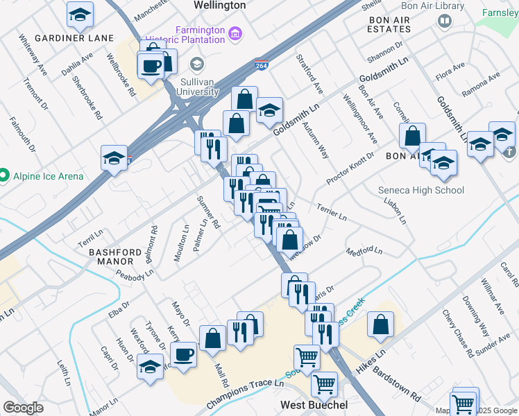 map of restaurants, bars, coffee shops, grocery stores, and more near 3333 Bardstown Road in Louisville