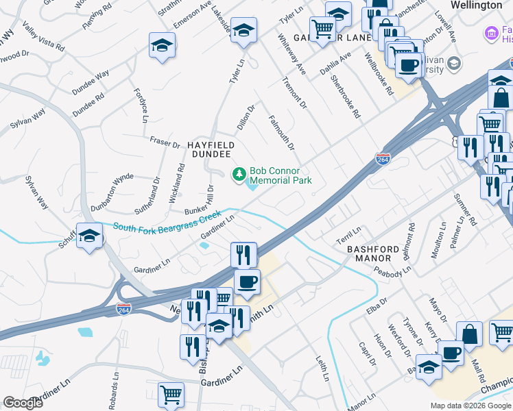 map of restaurants, bars, coffee shops, grocery stores, and more near 3100 Sunny Lane in Louisville