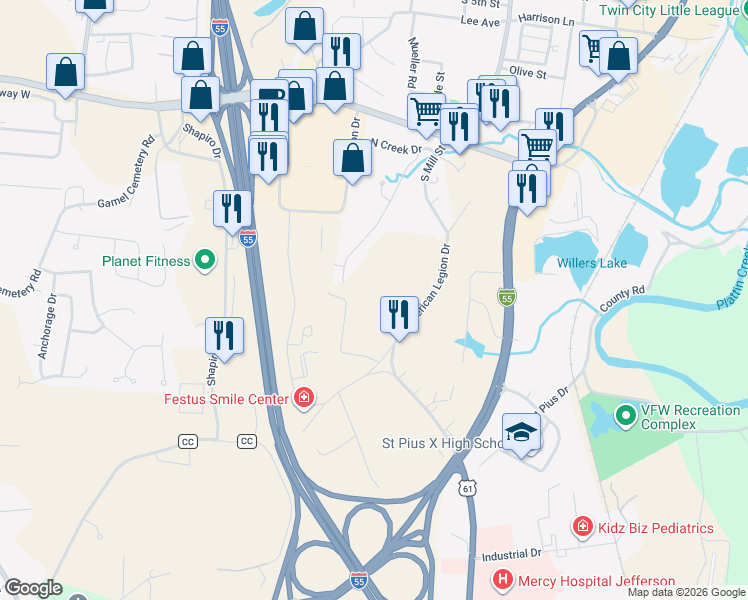 map of restaurants, bars, coffee shops, grocery stores, and more near 849 American Legion Drive in Festus