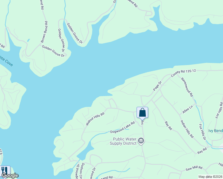 map of restaurants, bars, coffee shops, grocery stores, and more near Woodson Point Road in Stover