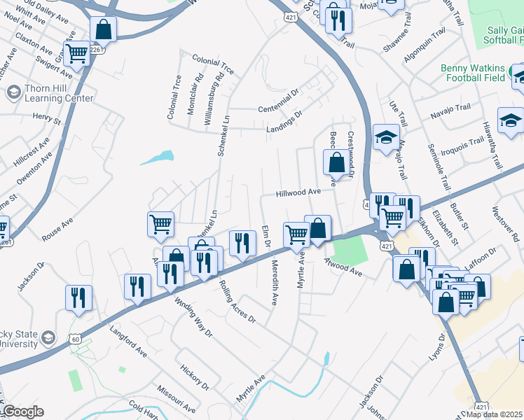 map of restaurants, bars, coffee shops, grocery stores, and more near 131 Elm Drive in Frankfort