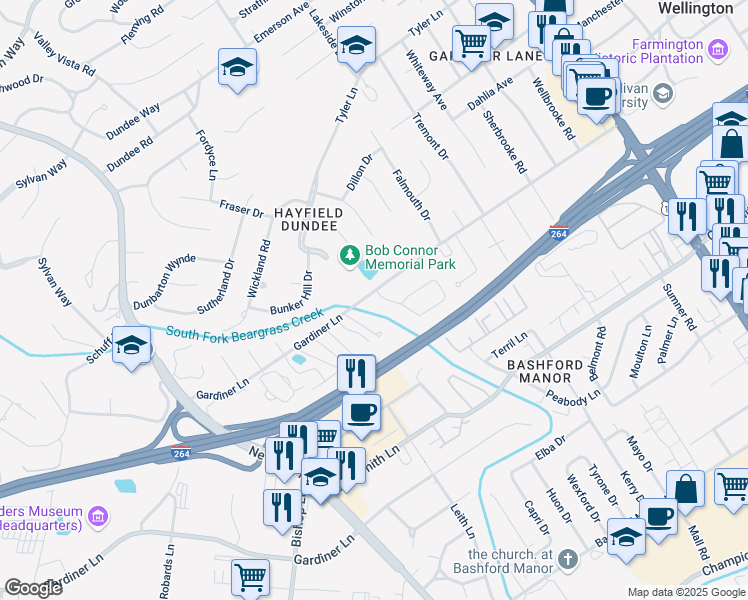 map of restaurants, bars, coffee shops, grocery stores, and more near 3100 Sunny Lane in Louisville