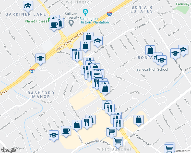 map of restaurants, bars, coffee shops, grocery stores, and more near 3333 Bardstown Road in Louisville