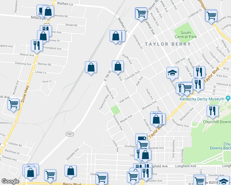 map of restaurants, bars, coffee shops, grocery stores, and more near 1502 Oleanda Court in Louisville