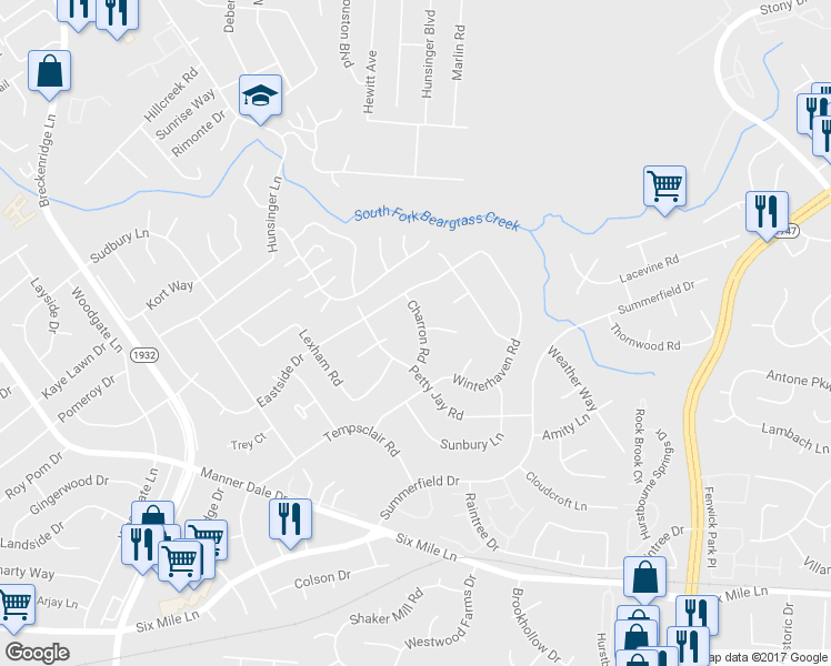map of restaurants, bars, coffee shops, grocery stores, and more near 7610 Charron Road in Louisville