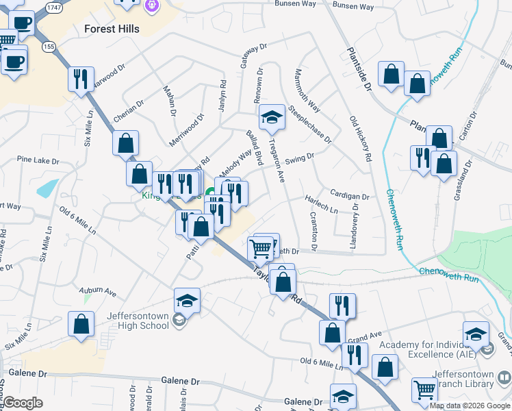 map of restaurants, bars, coffee shops, grocery stores, and more near 9716 Lyric Lane in Jeffersontown