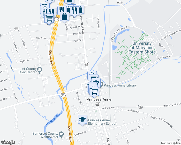 map of restaurants, bars, coffee shops, grocery stores, and more near 11847 Somerset Avenue in Princess Anne