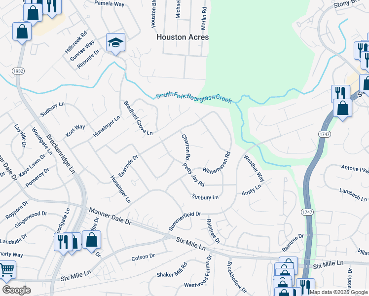 map of restaurants, bars, coffee shops, grocery stores, and more near 7610 Charron Road in Louisville