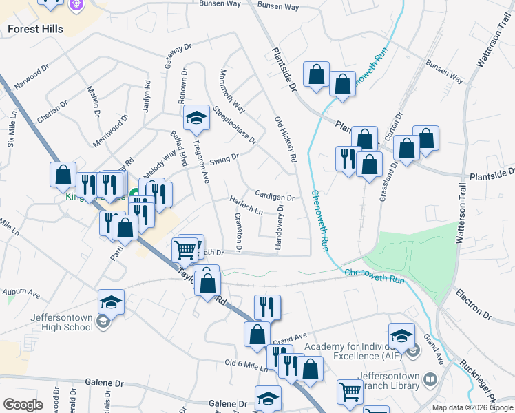 map of restaurants, bars, coffee shops, grocery stores, and more near 10009 Harlech Lane in Louisville