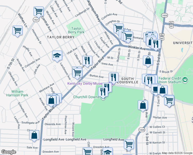 map of restaurants, bars, coffee shops, grocery stores, and more near 740 Burton Avenue in Louisville