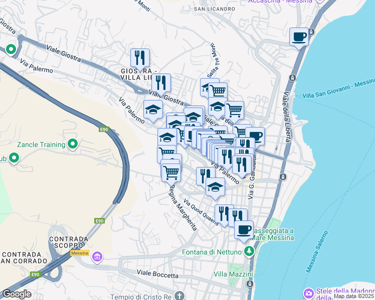 map of restaurants, bars, coffee shops, grocery stores, and more near 185 Via Palermo in Messina