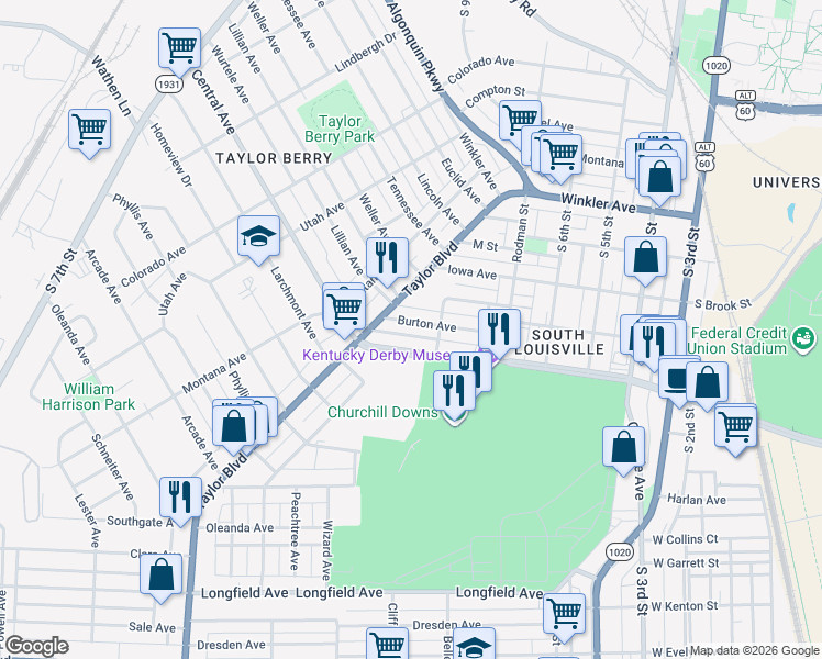 map of restaurants, bars, coffee shops, grocery stores, and more near 925 Central Avenue in Louisville