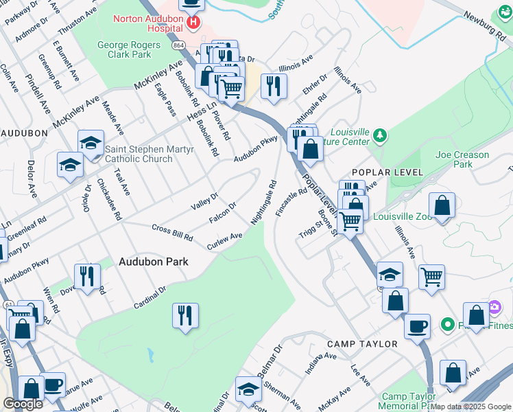 map of restaurants, bars, coffee shops, grocery stores, and more near 1409 Nightingale Road in Louisville
