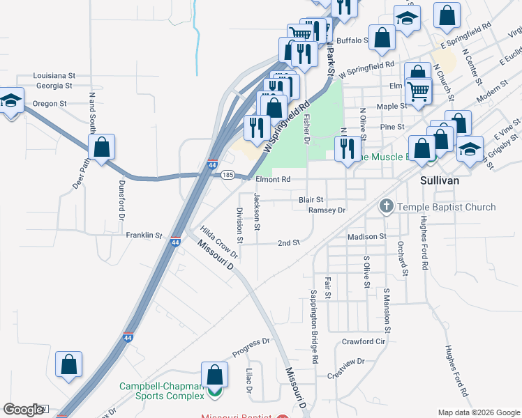 map of restaurants, bars, coffee shops, grocery stores, and more near 316 Jackson Street in Sullivan
