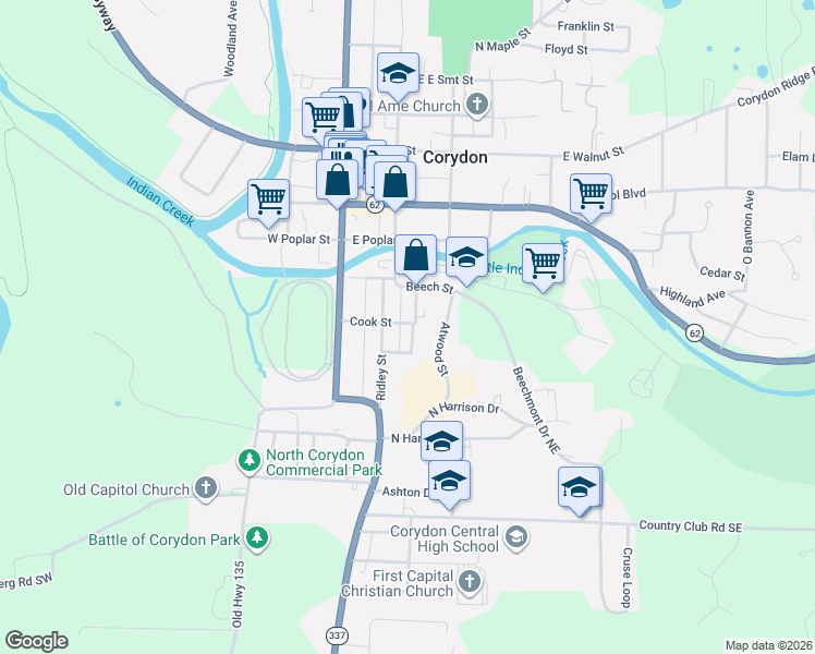 map of restaurants, bars, coffee shops, grocery stores, and more near 409 Lemmon Street in Corydon