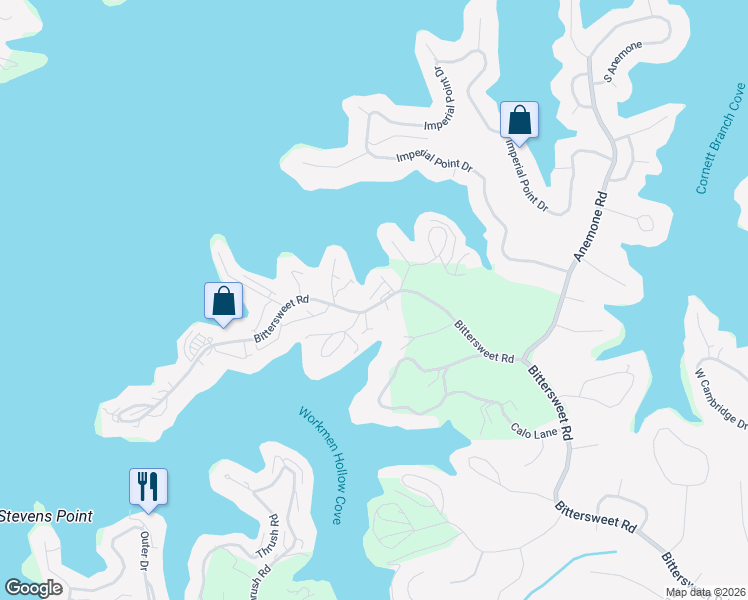 map of restaurants, bars, coffee shops, grocery stores, and more near 1945 Bittersweet Road in Lake Ozark