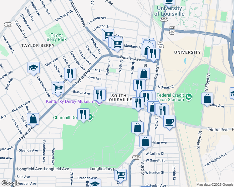 map of restaurants, bars, coffee shops, grocery stores, and more near Heywood Avenue in Louisville