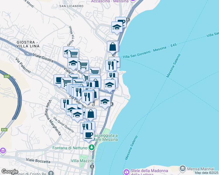 map of restaurants, bars, coffee shops, grocery stores, and more near 32 Viale Giostra in Messina
