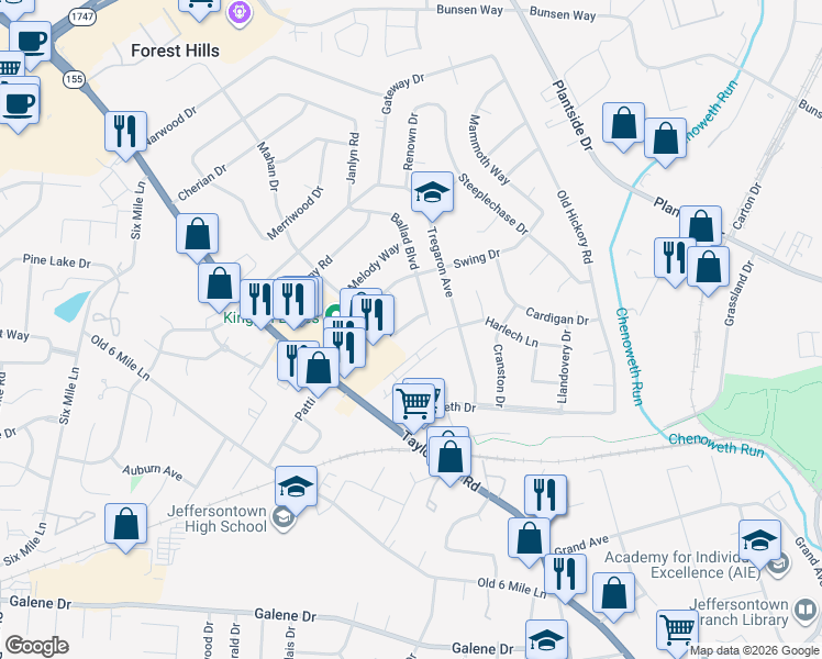 map of restaurants, bars, coffee shops, grocery stores, and more near 9716 Lyric Lane in Jeffersontown