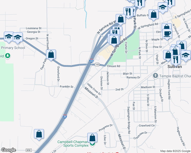 map of restaurants, bars, coffee shops, grocery stores, and more near 860 West Springfield Road in Sullivan