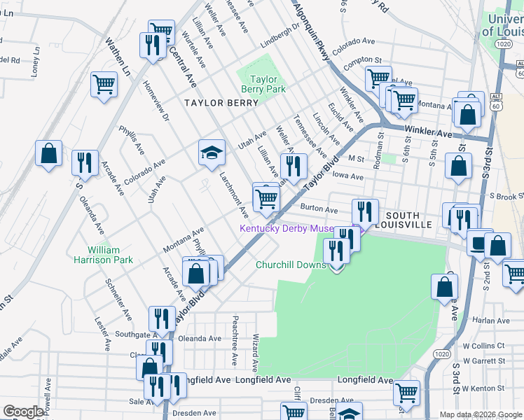 map of restaurants, bars, coffee shops, grocery stores, and more near 1115 Larchmont Avenue in Louisville