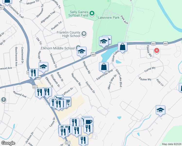 map of restaurants, bars, coffee shops, grocery stores, and more near 208 Stephen Road in Frankfort