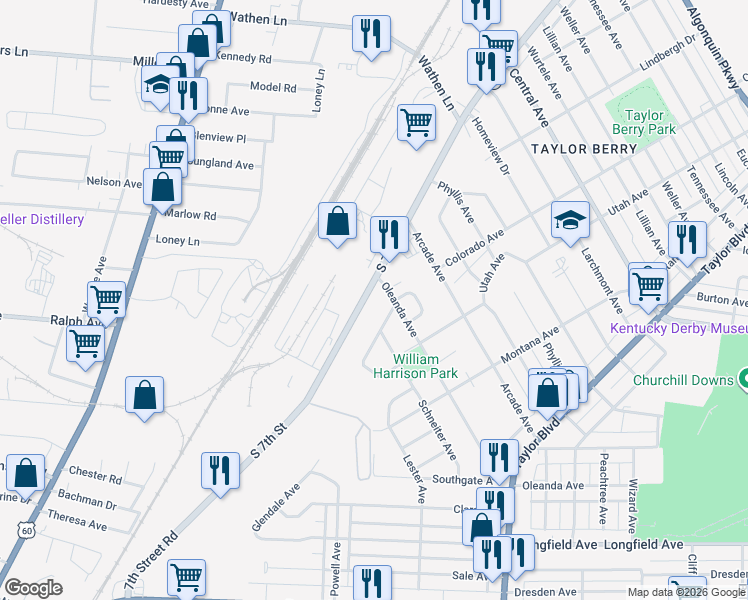 map of restaurants, bars, coffee shops, grocery stores, and more near 2906 Faywood Way in Louisville