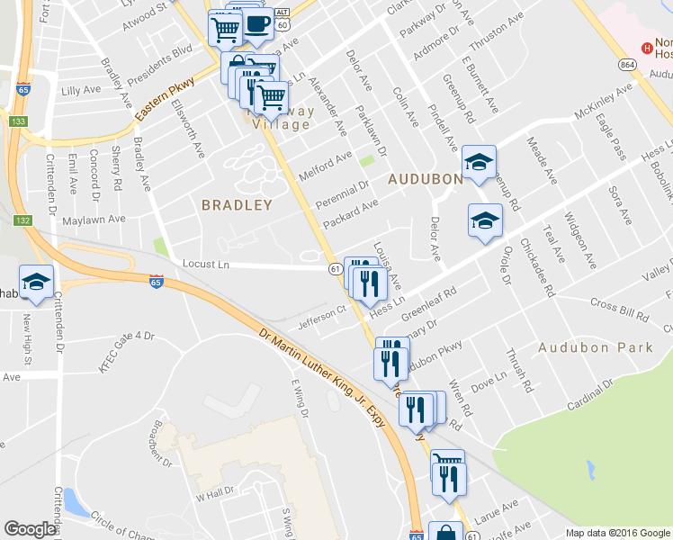 map of restaurants, bars, coffee shops, grocery stores, and more near 3001 Preston Hwy in Louisville