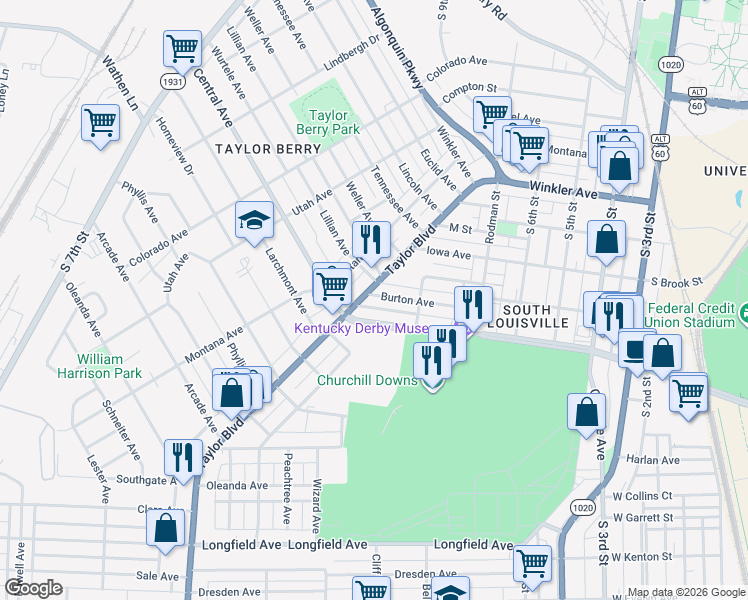 map of restaurants, bars, coffee shops, grocery stores, and more near 952 Burton Avenue in Louisville