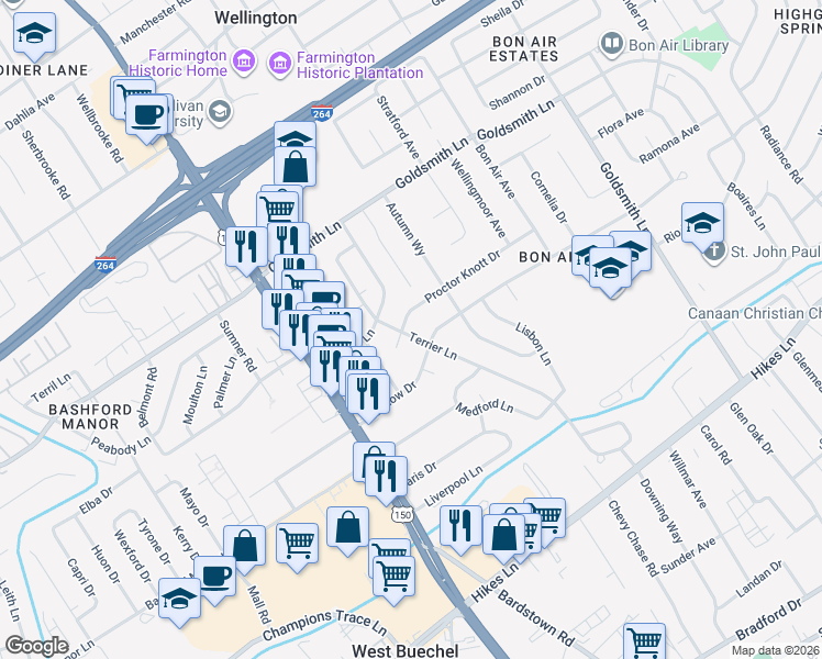 map of restaurants, bars, coffee shops, grocery stores, and more near 3409 Terrier Lane in Louisville