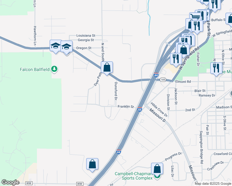 map of restaurants, bars, coffee shops, grocery stores, and more near 475 Dunsford Drive in Sullivan