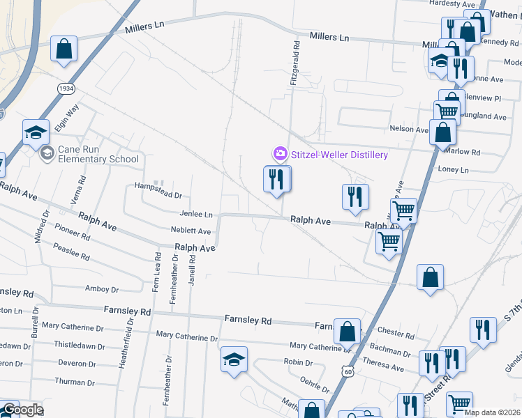 map of restaurants, bars, coffee shops, grocery stores, and more near 2413 Ralph Avenue in Louisville