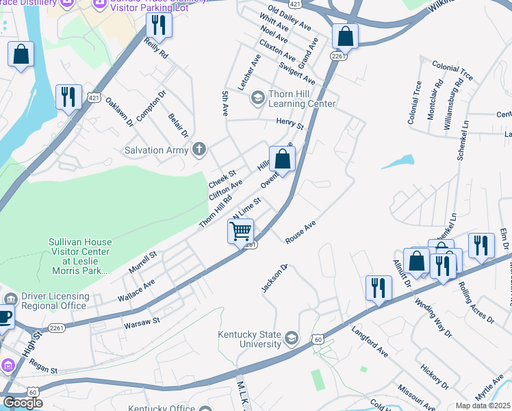 map of restaurants, bars, coffee shops, grocery stores, and more near 112 Spring Street in Frankfort