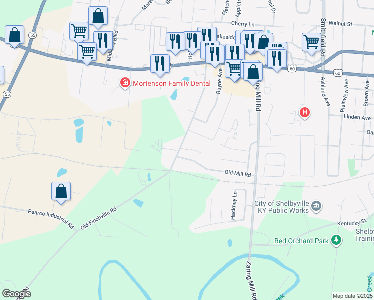 map of restaurants, bars, coffee shops, grocery stores, and more near 489 Old Mill Road in Shelbyville