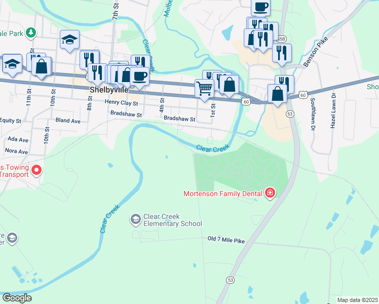 map of restaurants, bars, coffee shops, grocery stores, and more near 115 Old Ky 53 Road in Shelbyville
