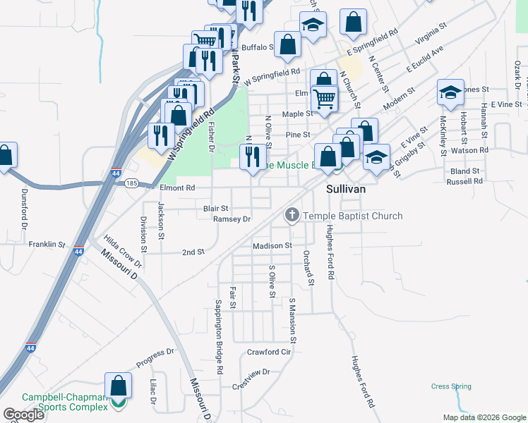 map of restaurants, bars, coffee shops, grocery stores, and more near 104 Blair Street in Sullivan