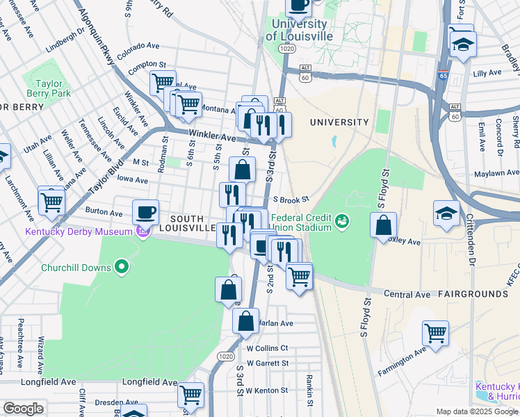 map of restaurants, bars, coffee shops, grocery stores, and more near 2910 South 3rd Street in Louisville