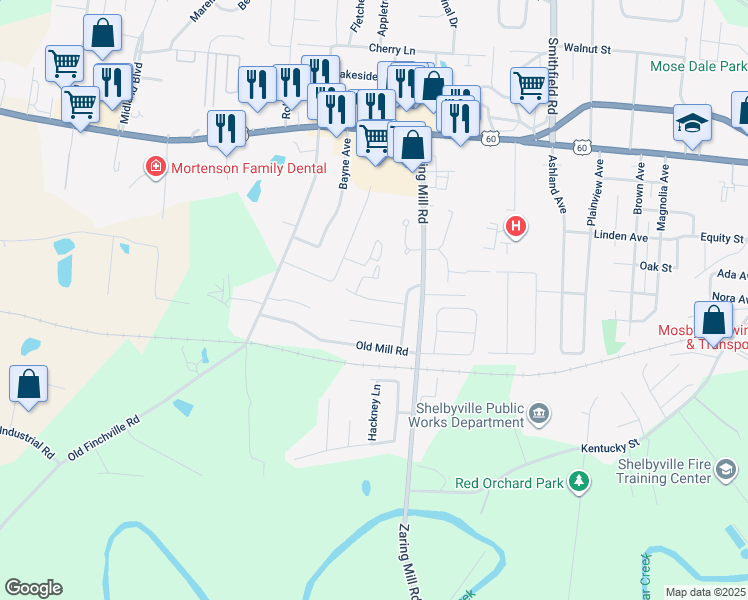 map of restaurants, bars, coffee shops, grocery stores, and more near Short Street in Shelbyville