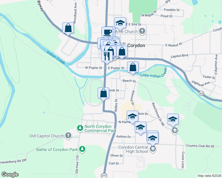 map of restaurants, bars, coffee shops, grocery stores, and more near 415 Ridley Street in Corydon