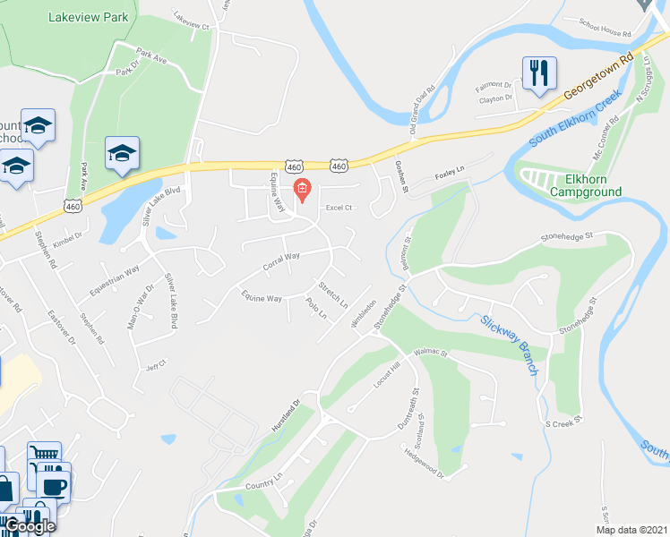 map of restaurants, bars, coffee shops, grocery stores, and more near 201 Dressage Court in Frankfort