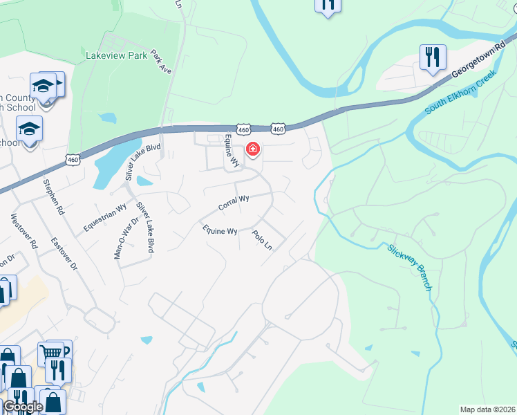 map of restaurants, bars, coffee shops, grocery stores, and more near 1456 Equine Way in Frankfort