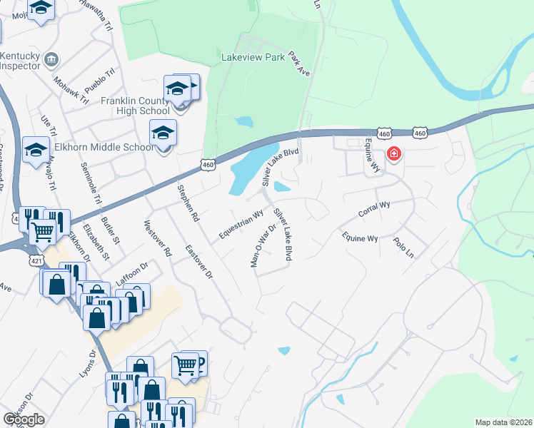 map of restaurants, bars, coffee shops, grocery stores, and more near 1015 Man-O-War Drive in Frankfort