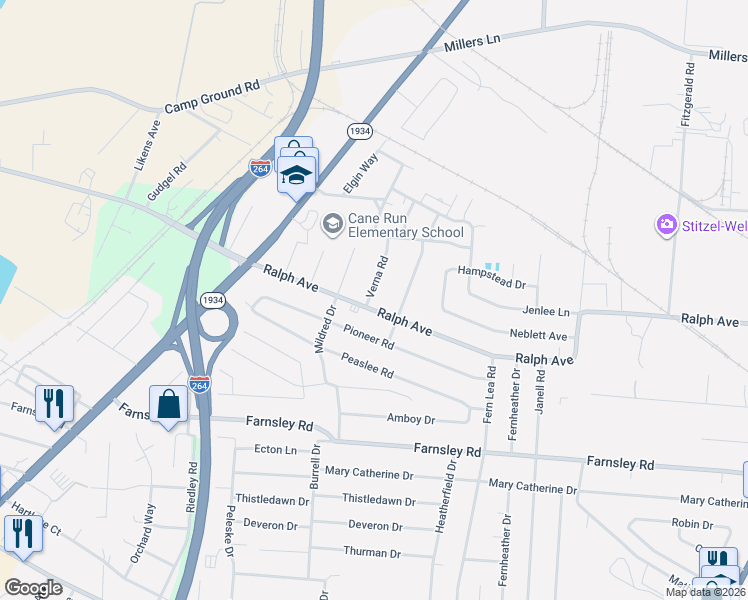 map of restaurants, bars, coffee shops, grocery stores, and more near 2803 Ralph Avenue in Louisville