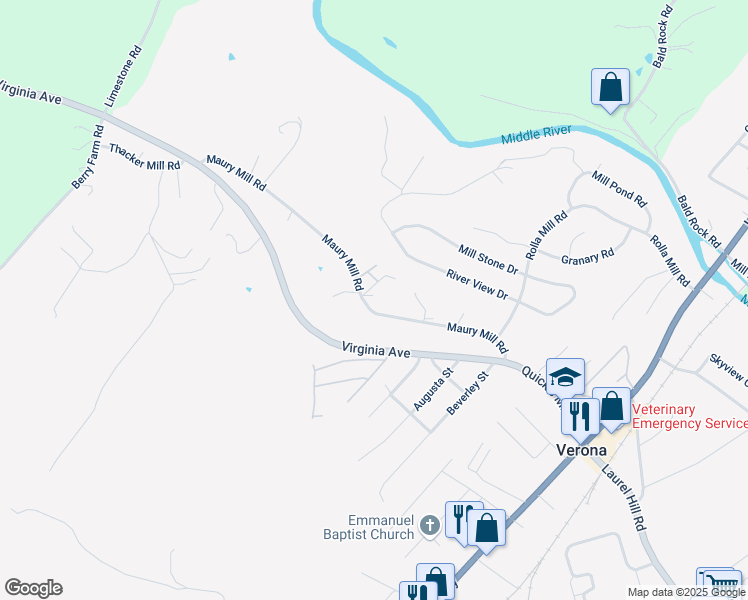 map of restaurants, bars, coffee shops, grocery stores, and more near 161 Maury Mill Road in Verona