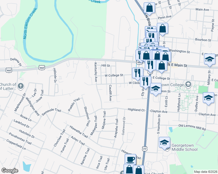 map of restaurants, bars, coffee shops, grocery stores, and more near 312 Caudill Avenue in Georgetown