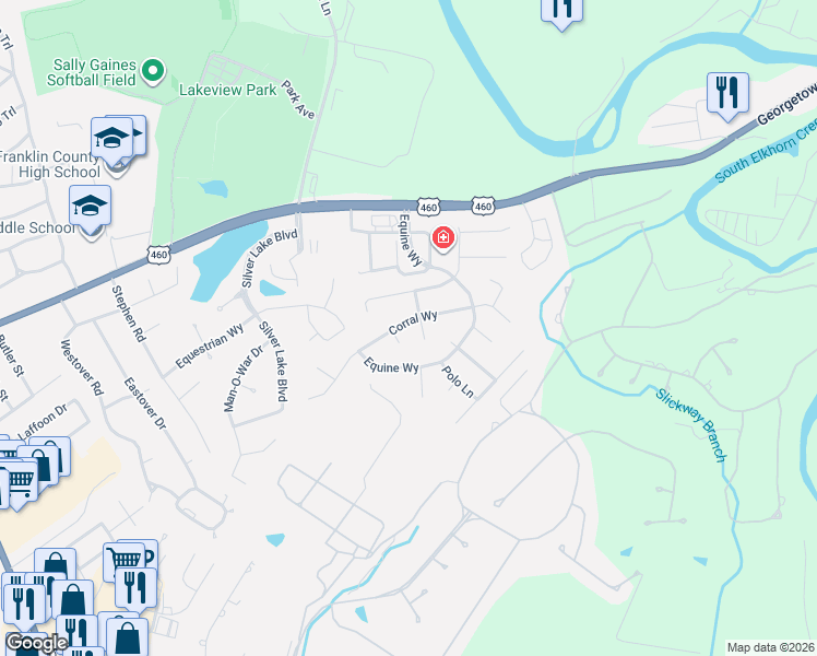 map of restaurants, bars, coffee shops, grocery stores, and more near 212 Turf Court in Frankfort